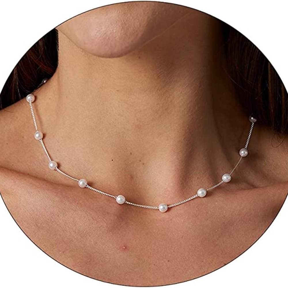 Dainty Pearl Choker Necklace for Women 14K Gold Plated Pearl Necklaces Simple - Picture 1 of 5